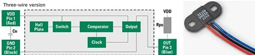 图 4：55100-3H-02-A带电压输出的法兰安装霍尔效应接近传感器框图和照片.png